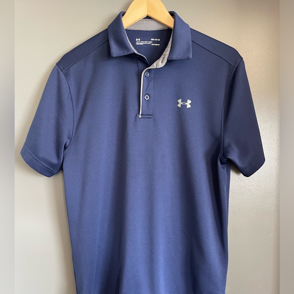 UA Under Armour Shirt Polo Short Sleeve Button Down Navy Blue Medium Golf Shirt